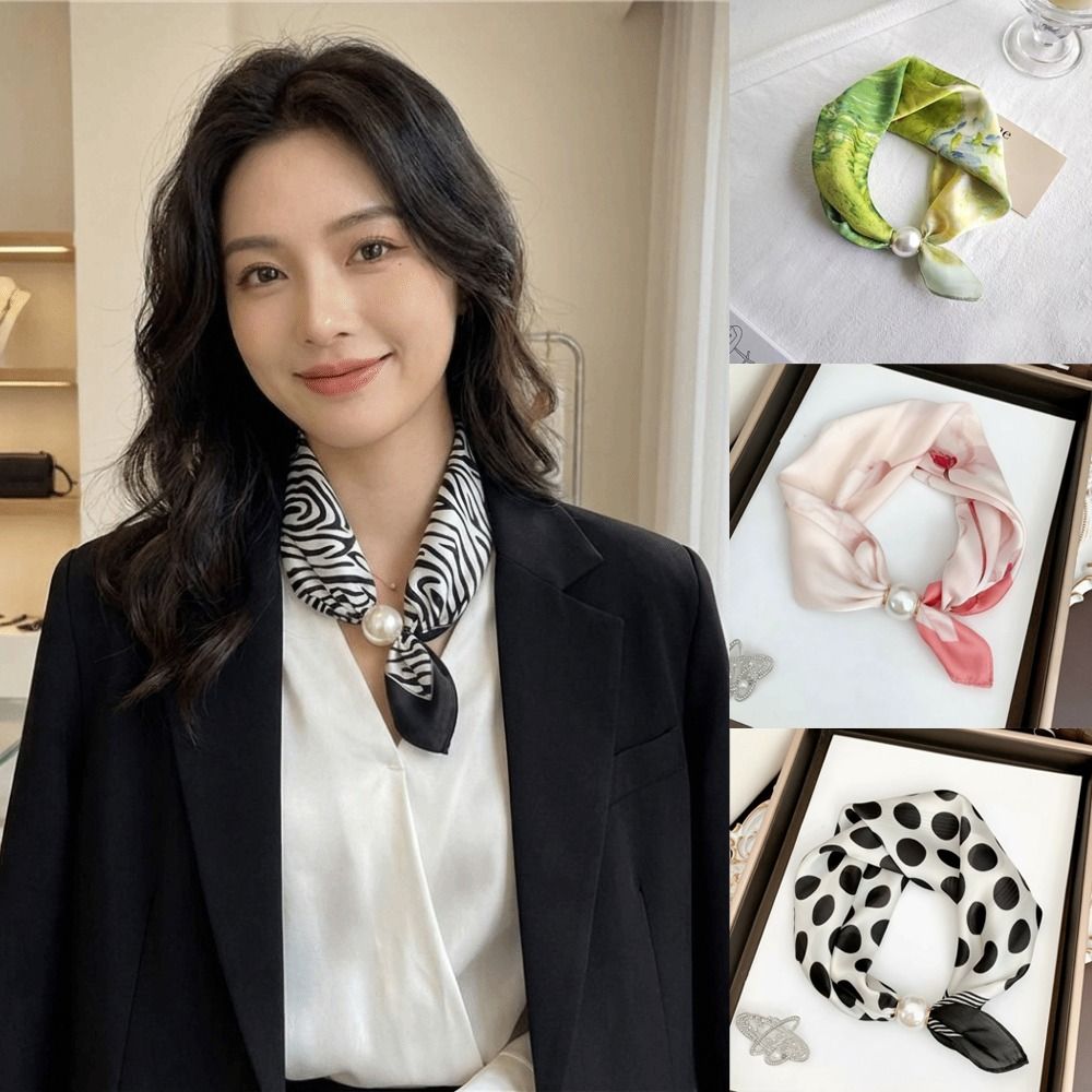 Face Scarf Mask - 세련된 진주 장식 실크 스카프, 얇고